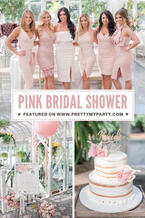 Bridal Shower Themes Pink And Gold, Pink White Gold Bridal Shower Decor, Pink White And Gold Bridal Shower Ideas, Soft Pink Bridal Shower Ideas, Pastel Pink Bachelorette Party, Neutral Pink Bridal Shower Decor, Pastel Pink Bridal Shower Ideas, Blushing Bride Bridal Shower Ideas, Pale Pink Bachelorette