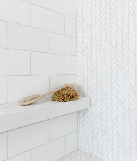 Niches, Ledges, and Floating Shelves: Let's Talk Shower Storage Corner Tile Shelf Shower Shelves, Floating Shelves In Shower Master Bath, Corner Shelf Shower Shelves, Diy Shower Shelves Ideas, Bathroom Shower Ledges, Bathroom Wall To Wall Shelves, Long Shower Shelf, Floating Shower Shelves, Shower Niche Hexagon Tile