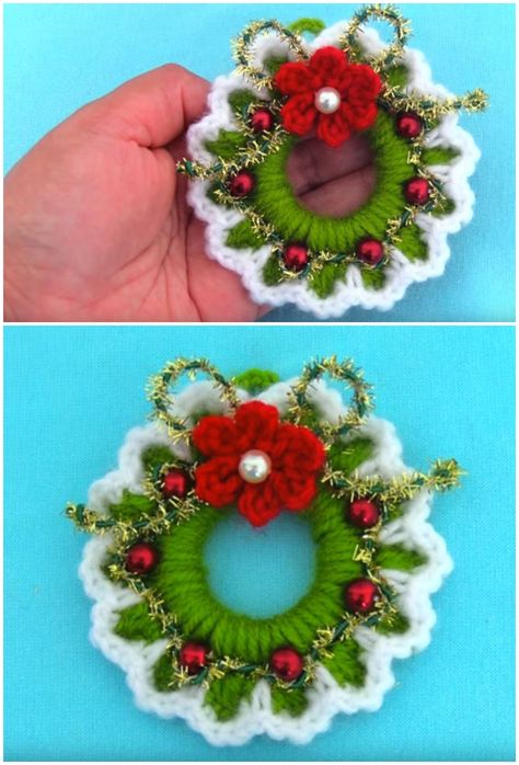 How To Crochet Tiny Christmas Wreath - Crochet Ideas Crochet Wreath Ornament, Crochet Wreath Pattern, Crochet Tiny, Crochet Christmas Trees Pattern, Crochet Christmas Wreath, Crochet Christmas Ornaments Free, Crochet Ornament Patterns, Christmas Crochet Patterns Free, Crocheted Christmas