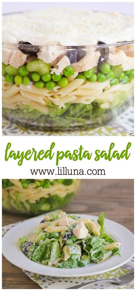 A dish that is appealing to both your tastebuds and your eyes! This beautiful 7 Layer Salad is filled with your favorite ingredients including pasta, chicken, peas, lettuce, celery, and more. 7 Layer Salad Recipe, Chicken Peas, Layered Pasta, 7 Layer Salad, Layer Salad, Layered Salad Recipes, Winter Salad Recipes, Healty Dinner, Pasta Chicken