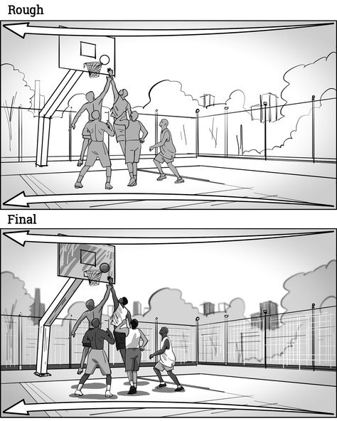 Basketball Figure Drawing, Basketball Court Sketch, Basketball Poses Drawing, Basketball Drawings Sketches, Playing Basketball Drawing, Basketball Court Drawing, Basketball Comic, Half Court Basketball, Pencil Shading Techniques