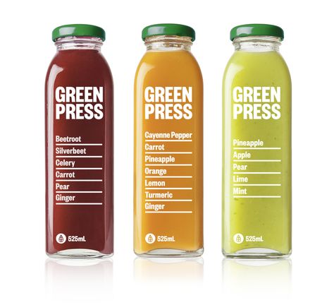 Designer Angus Nicholls helped smoothie and juice bar Green Press,  create their first bottle packaging and brand identity.   Known for specializing in healthy, positive eating (and its cold pressed  juice) it was important for Green Press to exhibit the natural ingredients  of its products to consumers.