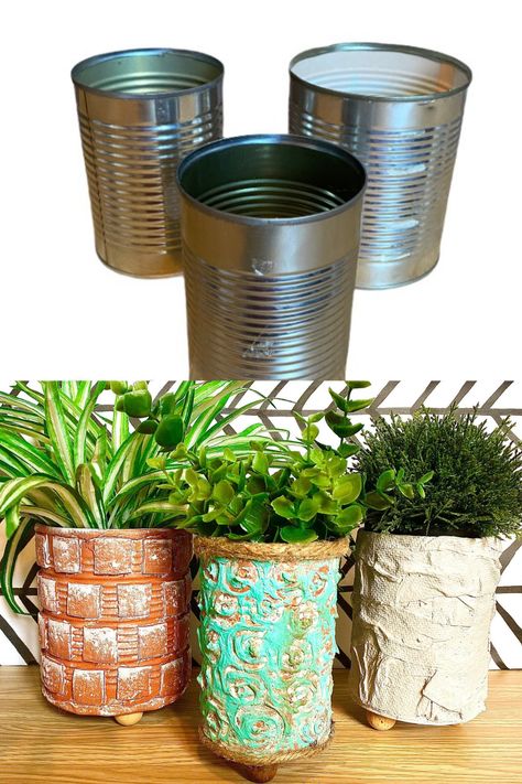 Tin Can Pots Planters, Paint Can Repurpose, Tim Can Planters, Painting Tin Cans Diy Planters, Painted Tin Cans Diy, Tin Planters Ideas, Homemade Planters Diy Ideas, Paint Tin Cans Diy Craft Ideas, How To Paint Tin Cans