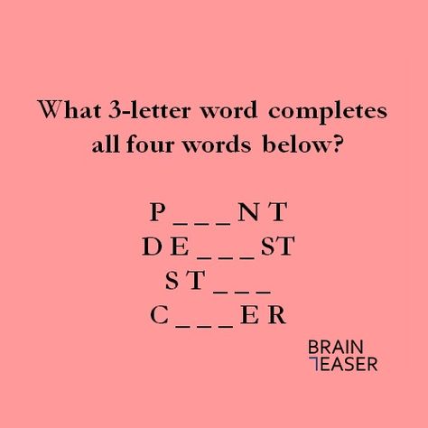 The same 3-letter word is used to complete all four words. Follow 👉 @braineaser for more fun puzzles!  #braineaser #riddle #riddles #riddler #riddlemethis #puzzle #puzzles #brainteaser #brainteasers #braingames #words #wordplay Word Puzzles For Adults, Fun Word Games, English Riddles With Answers, English Puzzles, Tongue Twisters For Kids, Brain Teasers For Teens, English Riddles, Word Riddles, Fun Riddles With Answers