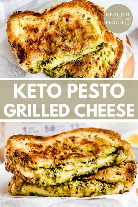 This Keto Pesto Grilled Cheese takes things up a notch with homemade pesto, dairy-free mozzarella cheese, keto bread, and ghee. This gourmet sandwich will hit the spot and make you feel fancy! Keto… Cheese Keto Bread, Keto Pesto, Vegetarian Pesto, Pesto Grilled Cheese, Keto Grilled Cheese, Cheese Keto, Vegan Pesto, Homemade Pesto, Peach Recipe