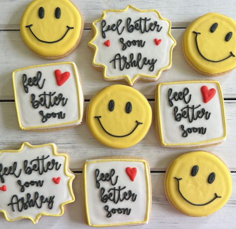 Feel better soon, get well soon sugar cookies Get Well Cookies Royal Icing, Get Well Soon Cookies Decorated, Get Well Cookies Decorated, Get Well Soon Cookies, Get Well Cookies, Feel Better Soon, Theme Cookies, Royal Iced Cookies, Cutout Cookies