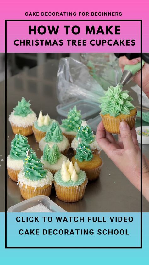 How to make Christmas trees Cupcakes Icing Trees How To Make, Piping Christmas Trees, Christmas Themed Cupcakes, Hokkaido Cupcake, Make Christmas Trees, Tree Cupcakes, Cupcake Tree, Cupcake Piping, Piping Frosting