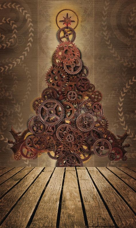 Christmas tree gears. A Christmas tree made of gears with a textured wooden floor in the foreground waiting for steam punk or vintage presents. Concept for an #AD , #ad, #Ad, #textured, #gears, #Christmas, #wooden Steam Punk Christmas Tree, Steam Punk Christmas, Steampunk Christmas Decorations, Punk Christmas, Industrial Punk, Photo Christmas Tree, Steampunk Christmas, New Years Tree, Door Decorating