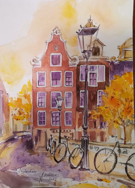 Watercolor Row Houses, Amsterdam Watercolor Painting, Watercolor Buildings Architecture, Watercolor Houses Simple, Urban Watercolor Sketching, Watercolor Architecture Simple, Watercolor Buildings Easy, House Drawing Watercolor, Easy Architecture Sketch