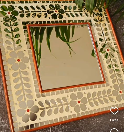 Lippan Art Mirror Square Shape, Lippan Art Mirror Square, Square Mirror Decor, Mirror Mosaic Wall, Mirror Mosaic Art, Square Mirror Wall Decor, Diy Crafts Butterfly, Painted Mirror Art, Mural Art Design