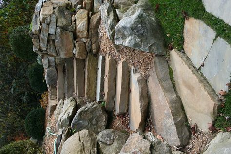 Irregular Tennessee fieldstone steppers, flanked by boulders and stack retaining walls. Stacked Stone Wall, Stairs Decoration, Stacked Stone Walls, Screened Gazebo, Stone Steps, Landscaping Retaining Walls, Garden Stairs, Garden Steps, Front Landscaping