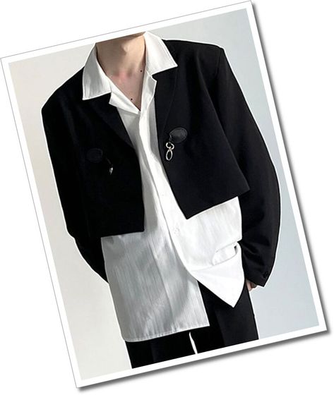 Cropped Short Sleeve Blazer Outfit, Men Cropped Blazer, Men’s Cropped Jacket, Cropped Blazer Outfit Men, Mens Cropped Jacket, Black And White Men Outfit, Mens Blazer Style Fashion Ideas, Blazer Crop Top Outfit, Cropped Blazer Suit