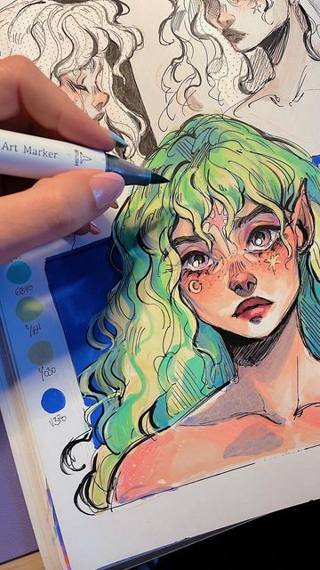 Copic Pen Art, Marker Character Art, Drawings With Color Markers, Felt Marker Drawings, Pastel Marker Art, Copic Marker Art Illustrations, Finding Art Style, Marker Painting Ideas, Art Markers Drawing Ideas