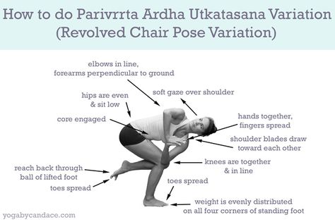 Pin it! How to do revolved chair pose variation! Chair Pose Variations, Yoga Alignment, Yoga Chart, Build Core Strength, Twist Yoga, Chair Pose Yoga, Body Muscles, Different Types Of Yoga, Chair Pose