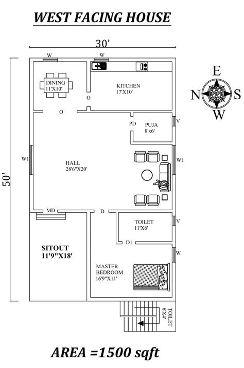 2bhk House Plan, Indian House Plans, House Plans West Facing House Plans Vastu 30*50, West Facing House Plans Vastu 2bhk, 1500sqft House Plans, West Facing House Plans Vastu, Single Bedroom House Plans, 1500 Sq Ft House Plans, West Facing House Plan, 30x50 House Plans, 20x30 House Plans