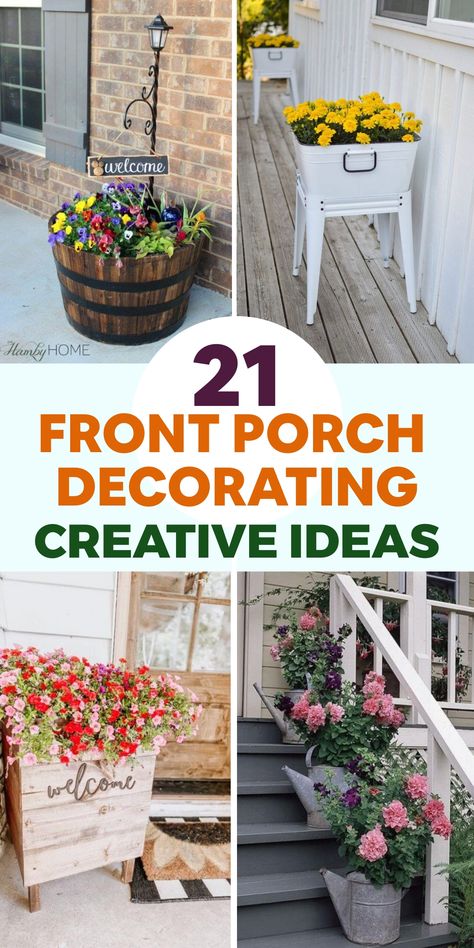 Elevate your home's curb appeal with inspiring front porch decor ideas that will warmly welcome your guests. Transform your entryway into a cozy retreat by incorporating inviting elements like a charming porch swing or a pair of rocking chairs adorned with colorful cushions and seasonal wreaths. Create an outdoor sanctuary perfect for relaxing and entertaining, where you can unwind in style all year round. Upgrade your space with simple yet elegant touches that capture the essence of each season Planter Crafts Diy Projects, Front Porch Set Up Ideas, Welcome Planter Box Diy, Porch Plants Ideas, Narrow Porch Decorating Ideas, Easy Diy Front Porch, Modern Mailbox Diy, Front Porch Decorating Ideas Summer, Front Porch Seating Ideas