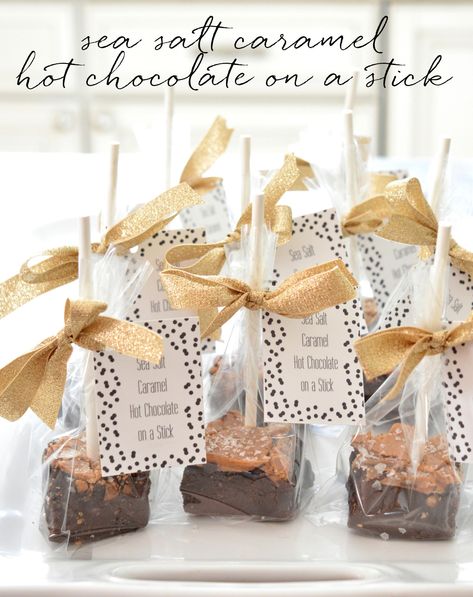 Sea Salt Caramel Fudge & Hot Chocolate on a Stick | Centsational Style Brownie Wedding Favors, Sea Salt Caramel Fudge, Gift Packaging Ideas, Hot Chocolate On A Stick, Toffee Dessert, Brownie Packaging, Food Photography Dessert, Salted Caramel Hot Chocolate, Hot Chocolate Fudge