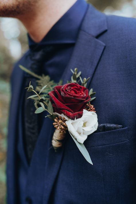 Wedding Flowers Dark Red, Red And White Rose Boutonniere, Eucalyptus And Red Roses, Crimson Red And White Wedding, Burgundy And White Boutonniere, Red Wedding Boutonniere, Red White Boutonniere, Red Rose Boutineer, Red Boutonniere Wedding