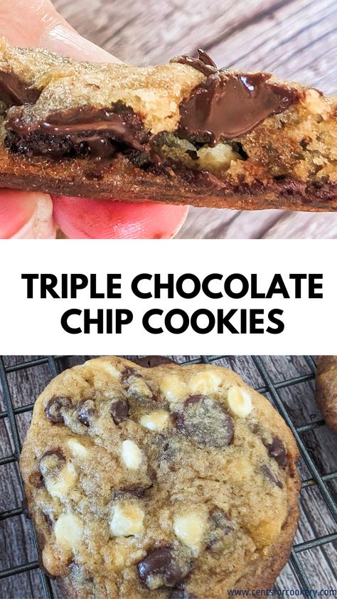 This chippy chocolate chip cookie recipe makes sweet caramel flavored cookies. It uses three types of chocolate; white, semi-sweet and dark! Three Chocolate Chip Cookies, Cookies With Dark Chocolate, Tollhouse Cookie Recipe, Nestle Toll House Cookies, Flavored Cookies, Triple Chocolate Chip Cookies, Crispy Chocolate Chip Cookies, Cookie Crisp, Chocolate Bacon