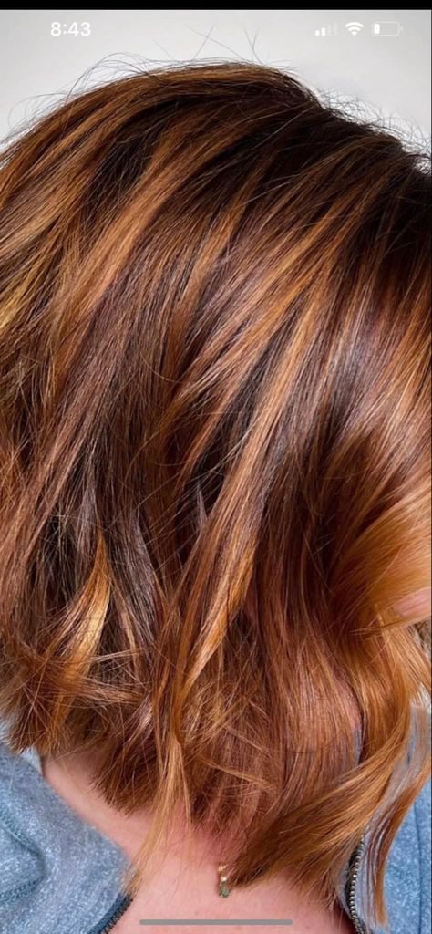 Short Copper Bob Highlights, Medium Red Gold Hair, Short Brown Hair With Copper And Blonde Highlights, Cooper Caramel Hair, Medium Auburn Hair With Highlights, Red Lob Haircut, Short Dark Copper Hair, Fall Blonde Hair Color Low Lights Caramel Highlights, Brown Hair Red Highlights