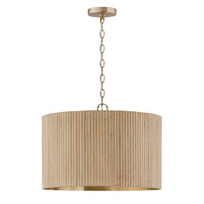 Artisan texture meets mid-century modern style in the Donovan pendant. The fluted mango wood shade evokes a natural elegance, while the matte brass interior adds a warm glow. Shade Color: White | Capital Lighting Donovan 3 - Light Gold Drum Pendant 18.0 H x 19.75 W x 19.75 D in black / brown / yellow, Wood in White | 18" H X 19.75" W X 19.75" D | Wayfair White Wash Stain, Capital Lighting Fixture, Brass Interior, Drum Light, Kitchen Island Linear Pendant, Capital Lighting, 3 Light Pendant, Wood Shades, Drum Pendant