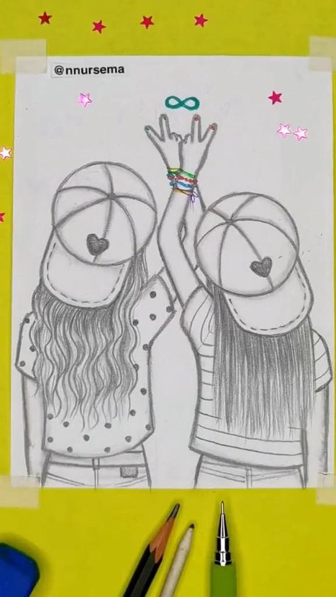 Friends Sketch, Best Friend Drawings, Bff Drawings, Color Drawing Art, Seni Dan Kraf, Cool Pencil Drawings, Drawings Of Friends, Girly Drawings, Easy Doodle Art