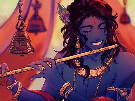 Krishna Artwork Anime, Radha Krishna Fanart, Radha Krishna Digital Art, Indian Oc Art, Lord Krishna Anime, Krishna Fanart, Krishna Digital Painting, Indian Character Design, Lord Krishna Aesthetic