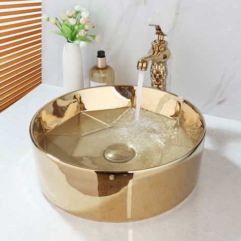 Gold Bathroom Oval/Round Ceramic Vessel Sink Basin Bowl Mixer Tap Drain Set | eBay Gold Sink Bathroom, Gold Wash Basin, Church Bathroom, Gold Bathroom Fixtures, Gold Sink, Modern Pedestal Sink, Capital Building, Gold Bathroom Decor, Faucet Installation