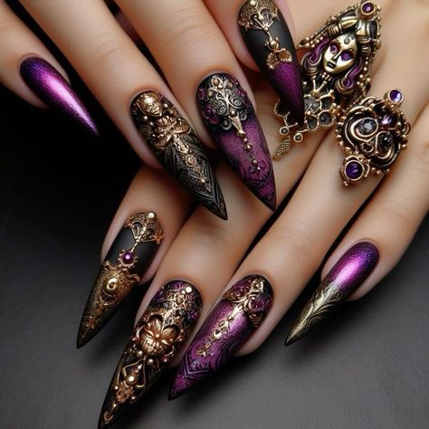 Black Purple Gold Nails, Purple Wedding Nails, Gold Gel Nails, Debut Gowns, Nail Kits, Witchy Nails, Gothic Nails, Spring Nail Designs, Goth Nails