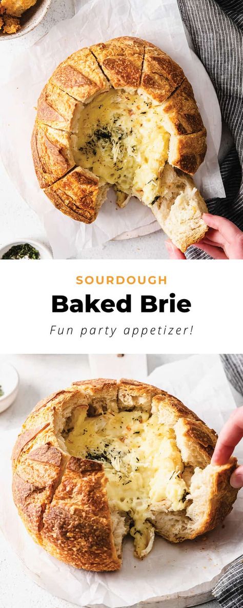 Baked Brie In Sourdough Bread, Sourdough Baked Brie, Brie Stuffed Sourdough, Baked Brie In Sourdough Bread Bowl, Brie Sourdough Bread, Bri Cheese Recipe, Sourdough Charcuterie Board, Baked Brie In Bread Bowl, Sourdough Appetizers