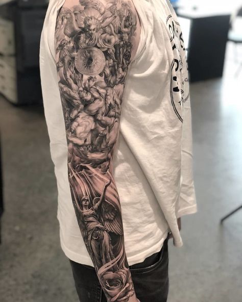 Black And Grey Realism Tattoo, Angel Sleeve Tattoo, Tattoo Pieces, Black And Grey Realism, Black And Grey Sleeve, Black And Grey Tattoos Sleeve, Mangas Tattoo, Tattoo Inspiration Men, Tattoo Convention