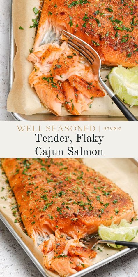 If you love boldly flavored dishes, this 4 ingredient baked Cajun Salmon is for you. It takes just 30 minutes start-to-finish, and is easy, healthy, and nutritious. Serve with sautéed or roasted vegetables and rice or potatoes for a quick weeknight dinner that never fails to impress. GF, DF #wellseasonedstudio #cajunsalmon #salmon #salmonrecipe Baked Cajun Salmon, Pink Salmon Recipes, Cajun Shrimp And Grits, Creamy Cajun Shrimp Pasta, Vegetables And Rice, Gf Dinner, Salmon Recipes Baked Healthy, Cajun Salmon, Family Dinner Night