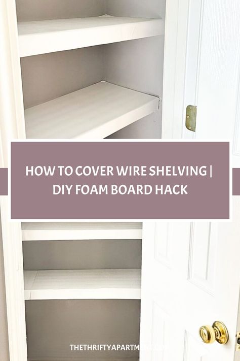 I think it’s fair to say that wire shelves in our closets are just not very attractive. These types of shelves can look a bit drab and industrial, but they happen to be a standard Closetmaid Wire Shelving Ideas Closet, Wire Shelving Hacks, Closet Organization Ideas Wire Shelving, Closet Wire Shelving Makeover, Wire Rack Shelf Cover, Wire Rack Closet Organization, Shelf Covers For Wire Shelves, Wire Shelving Cover, Shelf Cover Diy