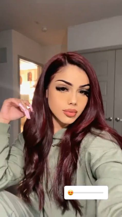 Hair Colors For Dark Eyebrows, Hair Color For Mexican Skin Tone, Red Latina Hair, Red Hair On Mexican Women, Cherry Red Hair On Pale Skin, Burgundy Hair Tan Skin, Red Hair On Pale Skin, Red Hair On Olive Skin Tone, Dark Red Hair Outfits