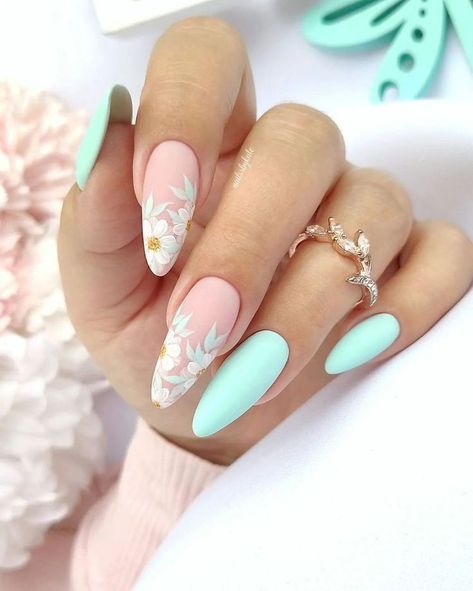 Turquoise Nails, Bunny Nails, Easter Nail Designs, Milky Nails, Flower Nail Designs, Spring Nail Art, Easter Nails, Pastel Nails, Gel Nail Designs