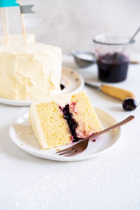 Two Layer Vanilla Bean Buttermilk Cake with Cherry Compote and Vanilla Bean Swiss Meringue Buttercream — Cloudy Kitchen Bake Bar, Cake With Swiss Meringue Buttercream, Cake With Cherry, Cloudy Kitchen, Creaming Method, Vanilla Bean Cakes, Cherry Compote, Two Layer Cakes, Bean Cake