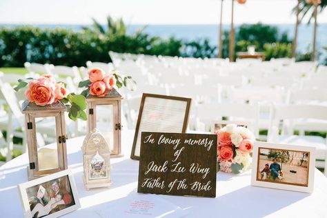 Memory table honoring my late father at our wedding featuring a letter from the groom to his father-in-law, embroidered handkerchief with message from bride to dad, personalized lantern, and photos. Late Grandparents At Wedding, Honor Late Father At Wedding, Honoring Late Father At Wedding, Wedding Remembrance, Sentimental Wedding, Memory Table, In Remembrance, Embroidered Handkerchief, Father In Law