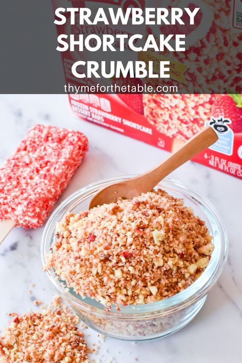 Learn how to make Strawberry Shortcake Crumble! Use this strawberry shortcake crunch on ice cream, cake, yogurt and more! This mouthwatering dessert combines the classic flavors of strawberry shortcake with a delightful crunch, thanks to the irresistible strawberry crunch crumble recipe. It tastes just like the Good Humor Strawberry Shortcake ice cream bars! How To Make Strawberry Shortcake Crumble, Strawberry Crunch Crumble Recipe, Strawberry Crunch Recipe, Strawberry Crunch Crumble, Starberry Shortcake, Strawberry Shortcake Crunch, Good Humor Strawberry Shortcake, Strawberry Shortcake Crumble, Strawberry Shortcake Ice Cream Cake