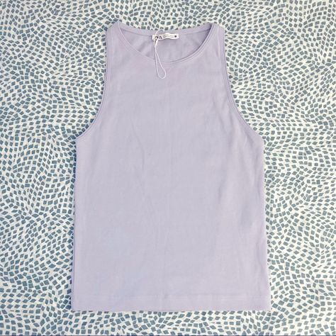 Zara High Neck Tank Top In Lilac. The Tank Top Is Full Length And A Pastel Purple. The Zara Stock Photos Have A Similar Cut, But The First Photo Is The Actual Tank Top. Nwot Smoke/Pet Free Home Tank Top Mockup, Purple Tank Top, High Neck Tank Top, Purple Tank, High Neck Tank, Pastel Purple, Zara Tops, First Photo, Lilac