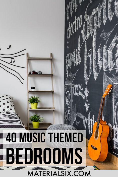 Check out our music themed bedroom design and decor ideas. The designs range from real musical instruments, music-related decals to accents that add beauty to any bedroom. #bedroom #musicalthemed #bedroomdecor #bedroomtheme Rock And Roll Theme Bedroom, Rock Band Bedroom Ideas, Music Nursery Theme, Rocker Bedroom, Music Bedroom Aesthetic, Music Inspired Bedroom, Rock N Roll Bedroom, Rock And Roll Room, Music Themed Rooms