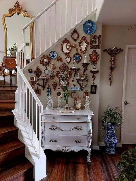 Whimsical Victorian Aesthetic, Gallery Wall Ideas Mirror, Unconventional Interior Design, Maxamilist Wall Decor, Whimsical Gallery Wall, Wallpaper In Room, Boho Maximalism, Mirror Gallery Wall, Stair Case