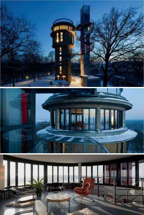 Now I need a tower home. This house was built inside an historic water tower in Germany. Fire Tower House, Water Tower House, Tower House Plans, Home On Stilts, House On Stilt, Detailed House, Tower Home, Fire Tower, Silo House