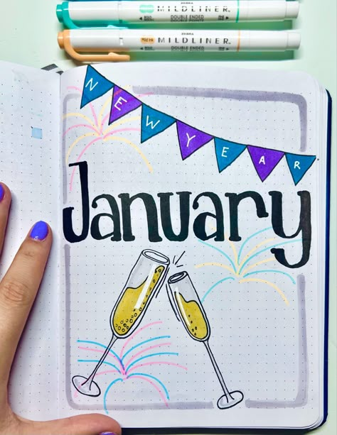 January Sketchbook Ideas, January Fireworks Bullet Journal, New Years Drawings Easy, January Drawing Ideas, Firework Bullet Journal, New Years Doodles Bullet Journal, January Whiteboard Ideas, Hella Studious, Bujo New Year