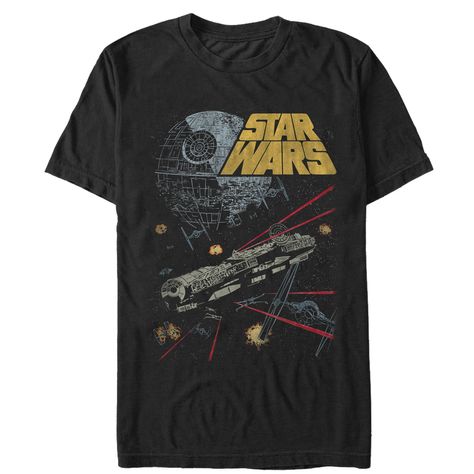 Free 2-day shipping. Buy Men's Star Wars Millennium Falcon Battle T-Shirt Black at Walmart.com Star Wars Spaceships, Star Wars Shirt, Star Wars Tees, Star Wars Men, Star Wars Logo, Star Wars Tshirt, Millennium Falcon, Star Wars Shirts, Slim Fit Shorts