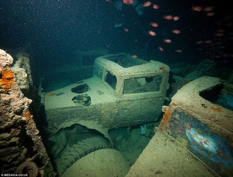 Treasure trove of classic cars at the bottom of the sea: The British Merchant Navy ship carrying military vehicles that was sunk in the Red Sea during the Second World War   Read more: http://www.dailymail.co.uk/news/article-2702871/Treasure-trove-classic-cars-bottom-sea-The-British-Merchant-Navy-ship-carrying-military-vehicles-sunk-Red-Sea-Second-World-War.html#ixzz38LAi4W33  Follow us: @MailOnline on Twitter | DailyMail on Facebook Underwater Transportation, Anchor Underwater, Ship Wrecks Underwater, Abandoned Underwater, Underwater Shipwreck, Merchant Ship, Underwater Ruins, Sunken Ship, Ship Wrecks