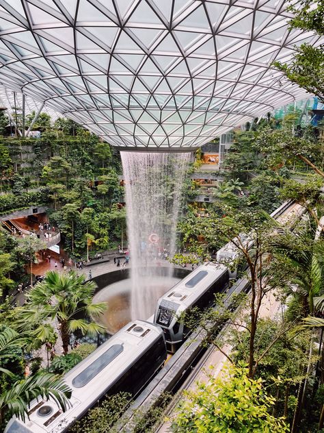 singapore, airport, singapore jewel changi, greenery, green, plants, train, air, travel, aesthetic The Jewel Singapore, Jewel Changi Airport, Singapore Changi Airport, Location Design, Changi Airport, Singapore City, International Airport, Train Station, Saudi Arabia