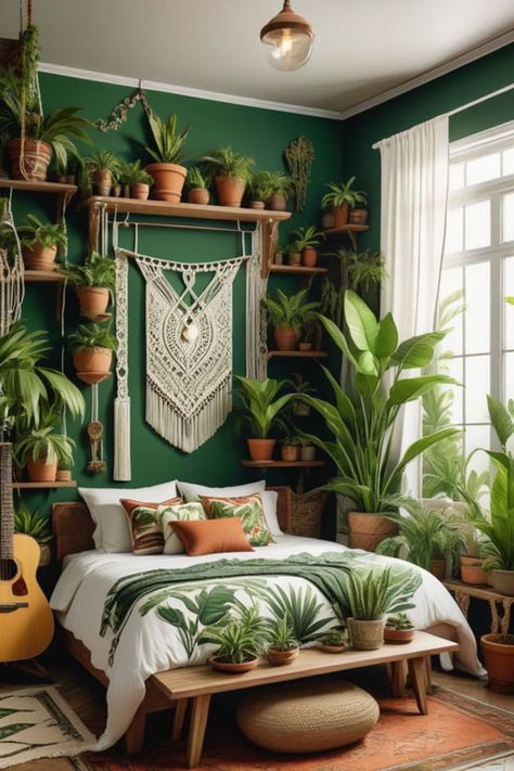 A captivating jungle-themed Boho bedroom with lush greenery, natural textures, and exotic accents. Create a tranquil haven inspired by the beauty of the jungle with our design ideas. #JungleBohoInspiration #TropicalDecor #BohemianEscape Boho Jungle Bedroom, Design Small Bedroom Ideas, Bedroom Interior Aesthetic, Bedroom Playlist, Rainforest Bedroom, False Ceiling Design Bedroom, Design Small Bedroom, Jungle Bedroom, Bedroom French