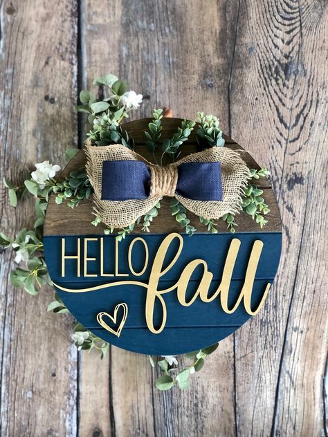 Blue Fall Door Hanger, Personalized Fall Door Hanger, Fall Door Hangers Wooden Round, Diy Fall Door Hangers, Fall Door Hangers Wooden, Fall Door Signs, Greenery With White Flowers, Fall Door Sign, Porch Decor Fall