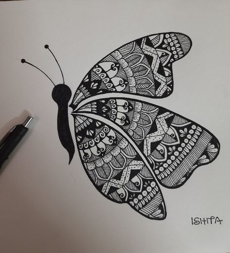 Vignette Drawing Simple, Mandala Drawing Butterfly, Stilasi Fauna, Vignette Drawing, Dairy Decoration, Saura Art, Easy Butterfly Drawing, Mandala Book, Dotted Drawings