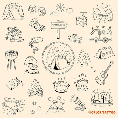 calling all happy campers 🏕️ and anyone that likes trees, mountains, or cute mushroom tattoos 🙃 camping flash now available woooo. I absolutely love going away in our campervan so I just had to do a camping themed flash now we are able to start going again 😅 all available for handpoke. as always I do deals when you book multiple designs in a session! use the link on my page for my booking form or just message me to enquire! can’t wait to tattoo these 🏔️ 🌲 ⛺️🍄🐟🪵🐾🌞🌳 @harmlesstattoo Braintre... Cute Camping Tattoos, Camping Flash Tattoo, Happy Camper Tattoo, Tattoo Ideas Camping, Matching Camping Tattoo, Camping Tattoo Ideas Simple, Summer Camp Tattoo Ideas, Mountain Themed Tattoos, Nature Lover Tattoo Ideas